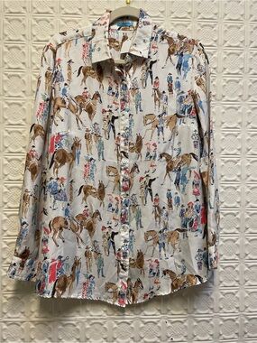 Vintage? J McLaughlin silk twill Equestrian Print Button-Up Shirt